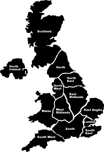 Map of the UK split into regions